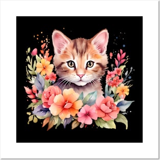 A cat decorated with beautiful watercolor flowers Posters and Art